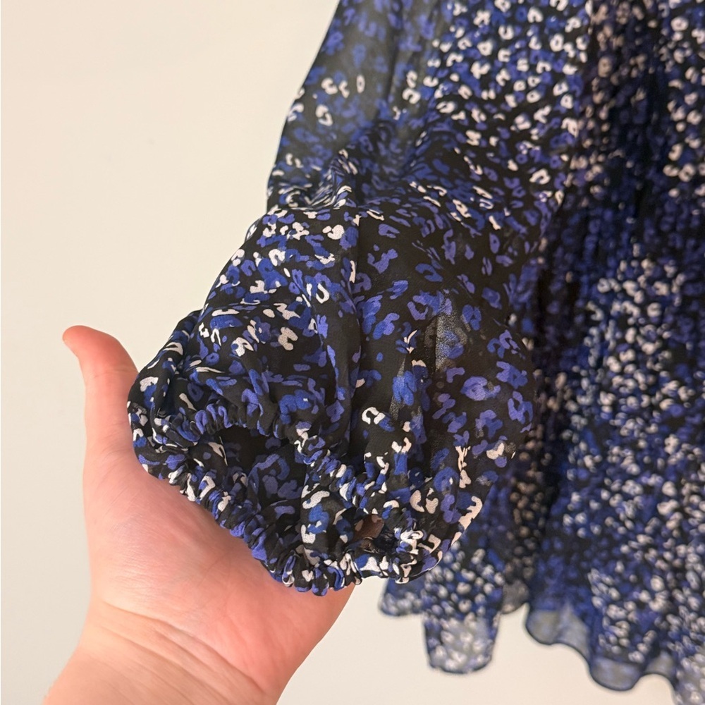 Ted Baker Black Blue Floral Mini Dress Small Long Sleeve V-Neck - Picture 4 of 8